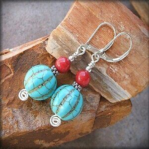 925 Sterling Silver Western Style Earrings Turquoise And Red Quartz